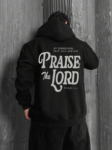 Krometka Men's Autumn/Winter Street Casual Slogan "PRAISE THE LORD" Print Hoodie Sweatshirt - Black - View 4