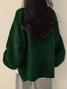 EAVA Fall/Winter Korean Style Minimalist Sweater Round Neck, Elegant Loose Fit Versatile Bell Sleeves Side Slit Pullover Knitwear For Women,Valentine's Day,Valentine Outfits For Women,Valentine Clothes - Green - View 2