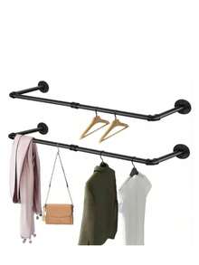 1件装36英寸工业管道壁挂式服装架，重型黑色悬挂式衣杆，适用于卧室、玄关、洗衣晾晒、零售服装展示