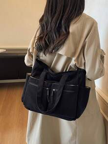 1 pieza Bolso de tela grande y versátil de estilo minimalista y de moda, con múltiples bolsillos prácticos, gran capacidad, adecuado para la escuela, la universidad, el trabajo y el uso casual, bolso de hombro para mujer - Negro - Ver 5