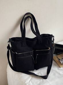 1 pieza Bolso de tela grande y versátil de estilo minimalista y de moda, con múltiples bolsillos prácticos, gran capacidad, adecuado para la escuela, la universidad, el trabajo y el uso casual, bolso de hombro para mujer - Negro - Ver 8
