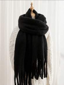 1 Solid Color Tassel Warm Thick Scarf, Multifunctional Neck Warmer For Winter,Holiday,Travel - Black - View 5