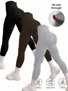 3pcs Women's Seamless High-Waisted Butt-Lifting & Tummy-Control Black Solid Color Leggings,Warm, Breathable & Stretchy Winter Fabric Gym,Outdoor Leggings Ideal For Workout & Running,Christmas Essential Outfits.