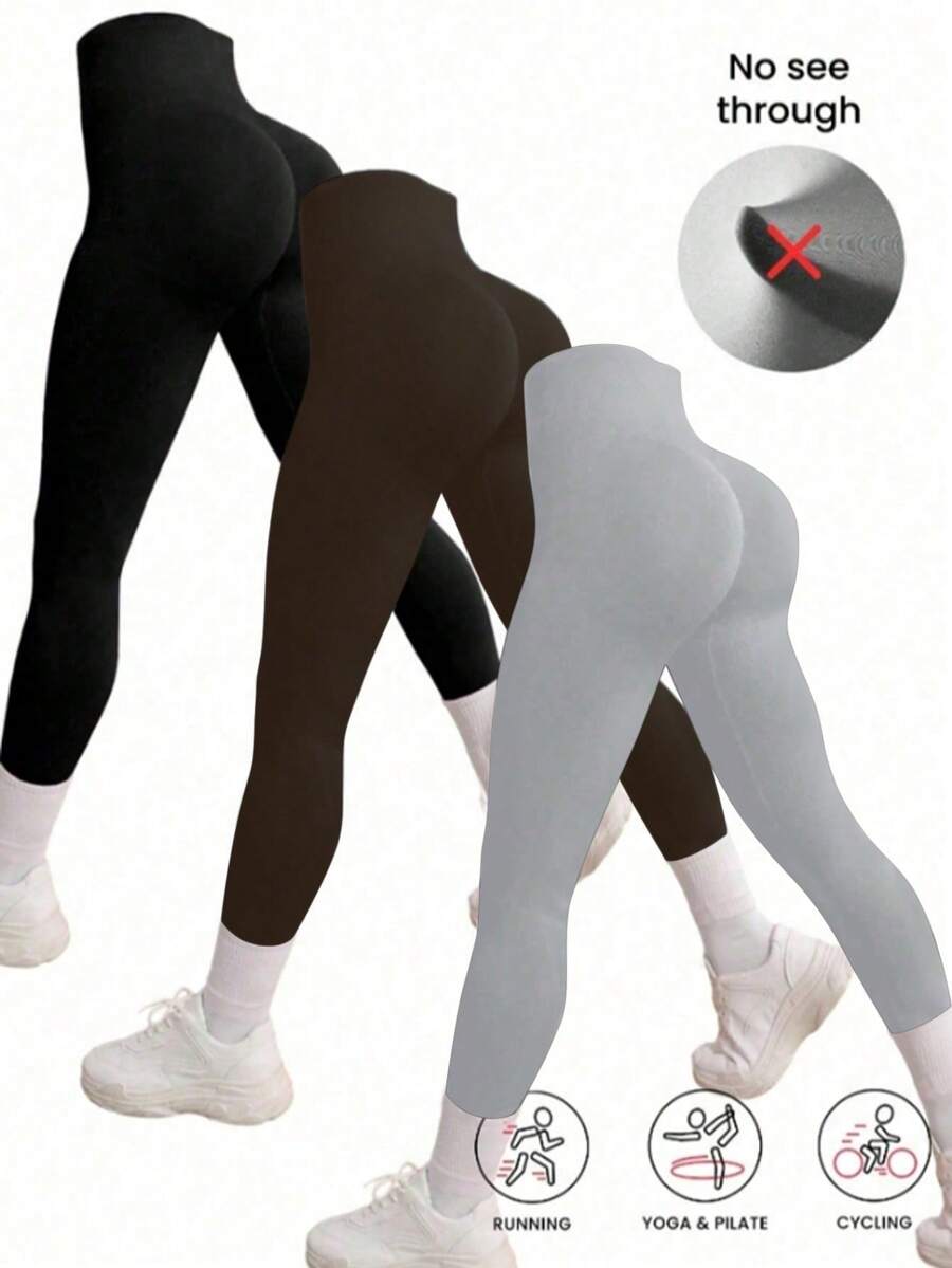 3pcs Women's Seamless High-Waisted Butt-Lifting & Tummy-Control Black Solid Color Leggings,Warm, Breathable & Stretchy Winter Fabric Gym,Outdoor Leggings Ideal For Workout & Running,Christmas Essential Outfits.