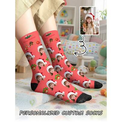 1 par de calcetines de tubo medio con diseño navideño personalizado con impresión frontal para niños, calcetines de pareja, personalizados con fotos, calcetines de pareja divertidos, cómodos y transpirables, diseño de dibujos animados creativos, regalos perfectos para fiestas, cumpleaños, Día de San Valentín, divertidos, locos, anime, calcetines multicolor, suministros de regalo de Navidad