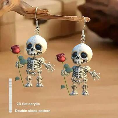 Acrylic Skeleton And Rose Earring Pendant Jewelry, A Halloween Gift With A Terrifying, Personalized And Creative Skull Earring Design