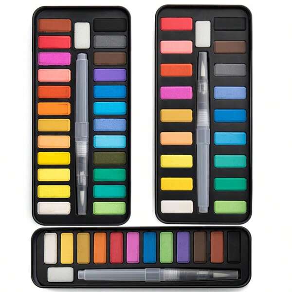 Set de 12/18/24 colores de pintura de acuarela sólida con pincel de agua, suministros de pintura DIY para estudiantes y artistas, kit de acuarela profesional con caja de metal azul portátil, paleta de mezcla sólida multicolor
