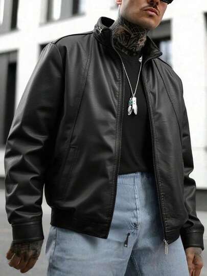 Chaqueta de motocicleta de otoño/invierno para hombres, abrigo de cuero casual con cuello alto estilo coreano