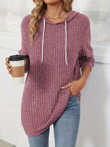 Women's Fall Casual Hoodies Solid Color Ribbed Long Sleeve Loose Sweatshirt Streetwear