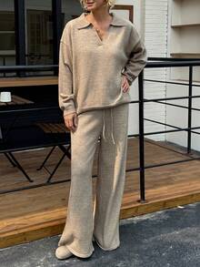 Livesso 2pcs Set Women's Solid Color Drop Shoulder Sweater And Wide-Leg Knit Pants Casual Loose Outfit,Fall Clothes - Camel - View 6