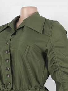 Women's Button Ruched Bubble Playsuits Long Sleeve Drawstring Shorts Shirt Jumpsuit Rompers One Piece Outfits, Spring Fall Winter Clothes - xanh quân đội - Xem 5