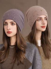 1pc Women's Rabbit Fur Knit Rhinestone Beanie Hat, Autumn/Winter Warm Thick Windproof Ski Cap, Fashionable & Versatile