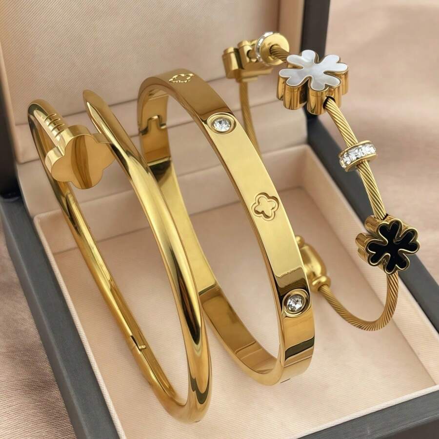 18K Gold Plated Stainless Steel Four-Leaf Clover Bracelet, Suitable For Women's Party, Daily Wear, European & American Style, Personalized, Luxury Cubic Zirconia Bangle, Wedding Jewelry Set, Gift For Girls, Women, Relatives, Friends, Beautiful Wedding, Birthday, Valentine's Day