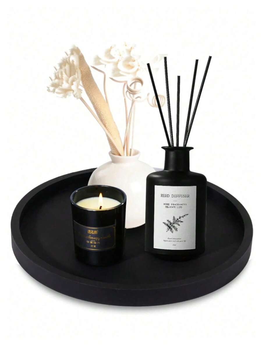 1 szt. Nowoczesna, czarna, okrągła taca ze świecznikiem – wystrój rustykalny, odpowiednia do domu, kuchni i łazienki – idealna do kawy, herbaty lub eksponowania przedmiotów, klasyczna struktura, idealna taca świąteczna