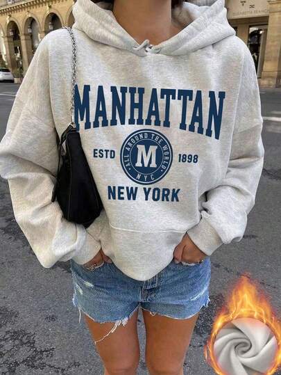 Damen Lässig Ins-Stil blauer Buchstaben-Muster Hoodie Sweatshirt, modisch und vielseitig für den täglichen Gebrauch, Herbst/Winter