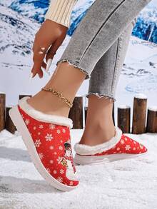 Pantuflas de mujer con diseño festivo de peluche - Pantuflas suaves y cálidas para damas con cierre deslizante - Zapatos cálidos de interior casuales para otoño/invierno - Rojo - Ver 2