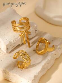 3pcs/Set 18K Gold Stainless Steel Minimalist Butterfly, Line & Geometric Open Ring Set, Suitable For Women's Daily Wear