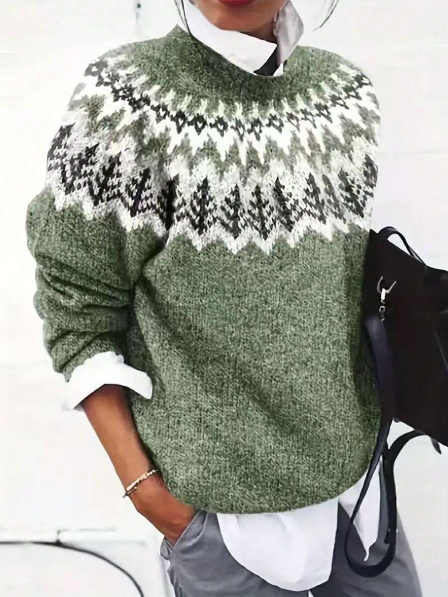Plus Size Women Geometric Pattern Crew Neck Long Sleeve Loose Knit Sweater, Suitable For Autumn And Winter - Army Green - View 1