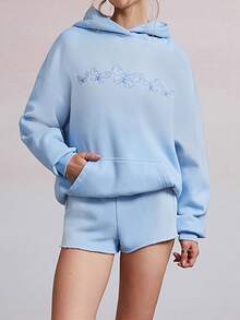 Women Fall Winter Hoodies Stylish Butterfly Embroidered Long Sleeve Pullovers Casual Loose Fit Hooded Sweatshirt Work Office Streetwear 1 Pcs 500g Rams 35% Cotton 65% Polyester Top - Blue - View 1