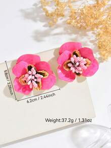 1 Pair Mori Style Sweet Fresh Floral Raffia Fabric Flower Tassel Earrings, Suitable For Women's Vacation And Daily Wear - Hot Pink - View 5