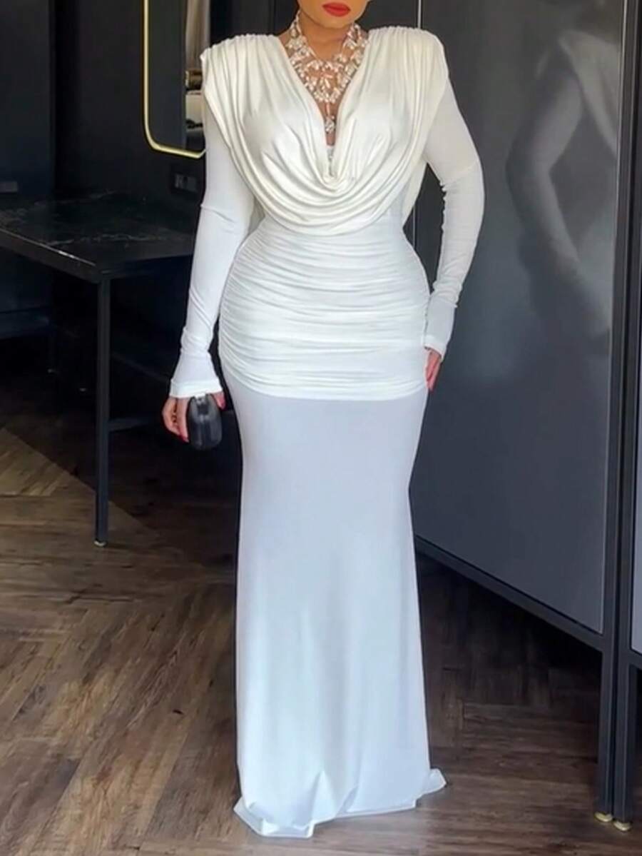 ChicMe 优雅女士褶皱高领长连衣裙，纯色长袖修身露背休闲派对鸡尾酒晚礼服