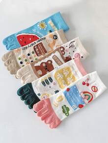 1/3/5 双女式卡通图案分趾袜，时尚中筒袜，百搭可爱长袜，适合春、秋、冬 - 彩色 - 查看 2