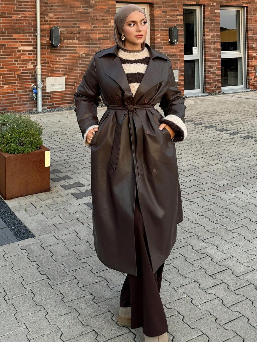 DAZY 新款秋冬宽松休闲优雅加厚PU长款女式常规外套，款式端庄时尚 - 咖啡棕 - 查看 1