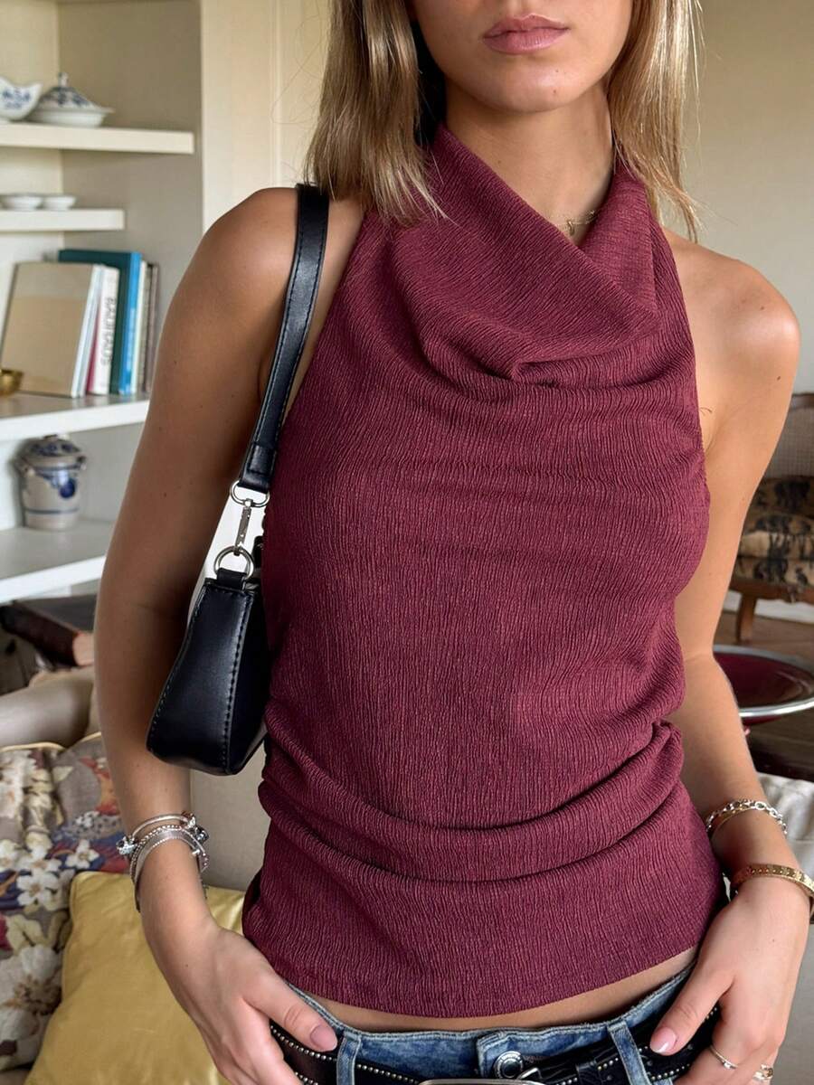 Women High Mock Neck Halter Top Cowl Ruched Open Back Tank Tops Backless Y2k Summer Going Out Tops - Burdeos - Ver 1