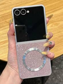 奢华闪亮 Blingbling 不对称波纹磁吸手机壳适用于三星 Galaxy Z Flip 7 6 5 4 3 5G ZFlip7 支持无线充电电镀闪亮折叠防震后盖 - 粉色 - 查看 2