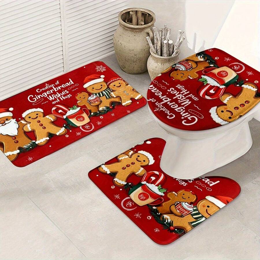 1pc/3pcs Gingerbread Man Christmas Themed Bath Mat, Warm And Joyful Carpet - Washable And Easy To Clean, Suitable For Bathroom, Laundry Room, Living Room, Bedroom, Kitchen, Christmas Home Decor Rug Set; Bath Mat: Bathroom Mat, Bath Rug, Door Mat, Small Rug, Carpet, Mat, Home Decor, Area Rug, Outdoor Mat, Home Decor, Area Carpet, Bedroom Carpet, Washable Rug