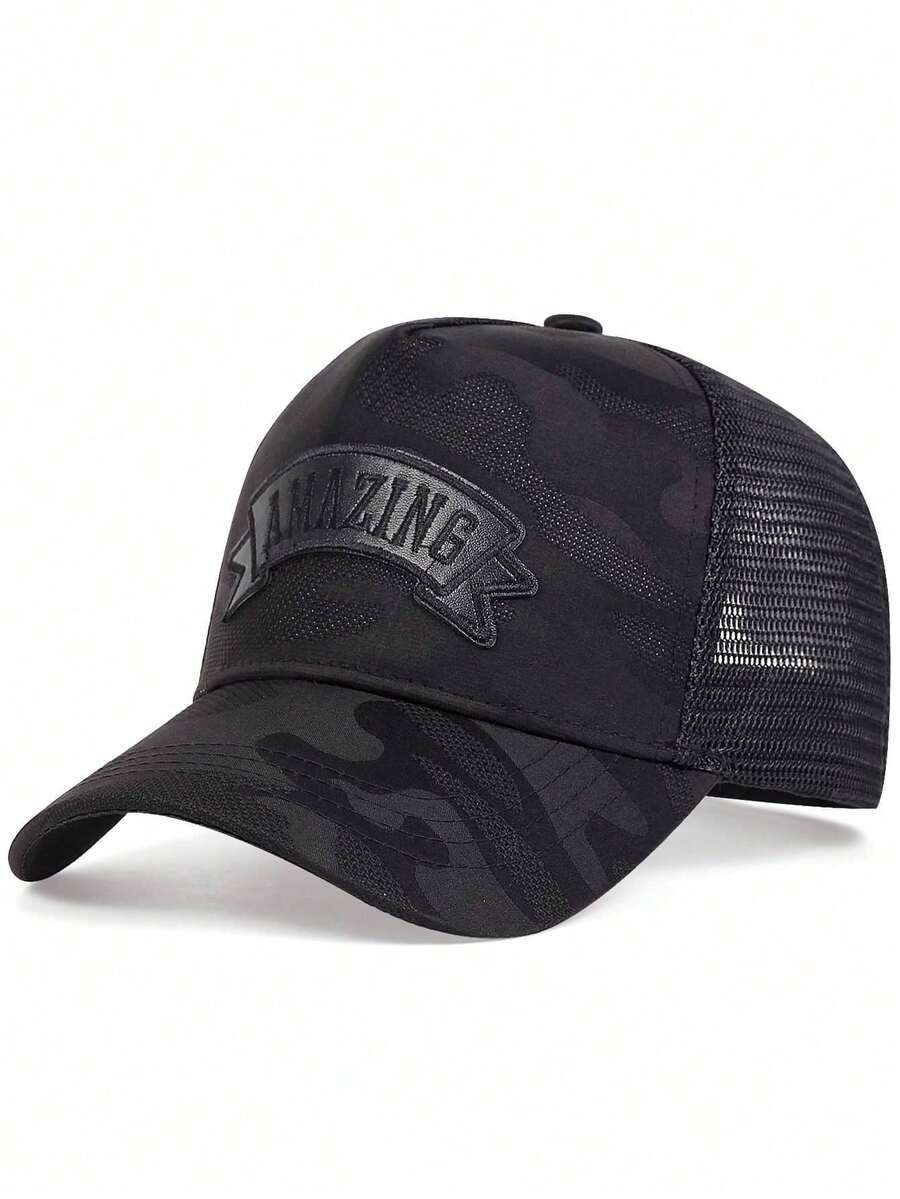 1 件男士 PU 皮革字母刺绣镂空后檐棒球帽 - 迷彩 - 查看 1