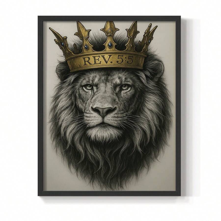 1pc Restickable Framed Lion Of Judah Art Print, Wood Frame, Biblical Inspired Regal Animal Wall Decor With Gold Crown & Scripture Accent, Spiritual Artwork For Living Room, Office, Or Prayer Room, Made In USA, Ready To Hang Art Prints - Black - View 1