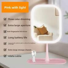 1 pieza Espejo de maquillaje LED con base giratoria y panel - Brillo ajustable, control táctil, espejo de tocador alimentado por USB con almacenamiento, caja de cosméticos portátil, regalo para mujeres - 2 colores disponibles