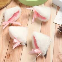 4件套铃铛猫耳毛绒发夹，带铃铛的猫耳发饰，情人节猫耳爪夹发卡，冬季 - 白色 - 查看 6