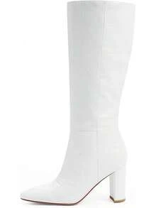 Women's Knee High Riding Boots - Tall, Long Calf High GoGo Chunky Faux Boots - Block Heel Pointed Toe - Size 6-11, Fashionable, 2025 Style - White - View 4