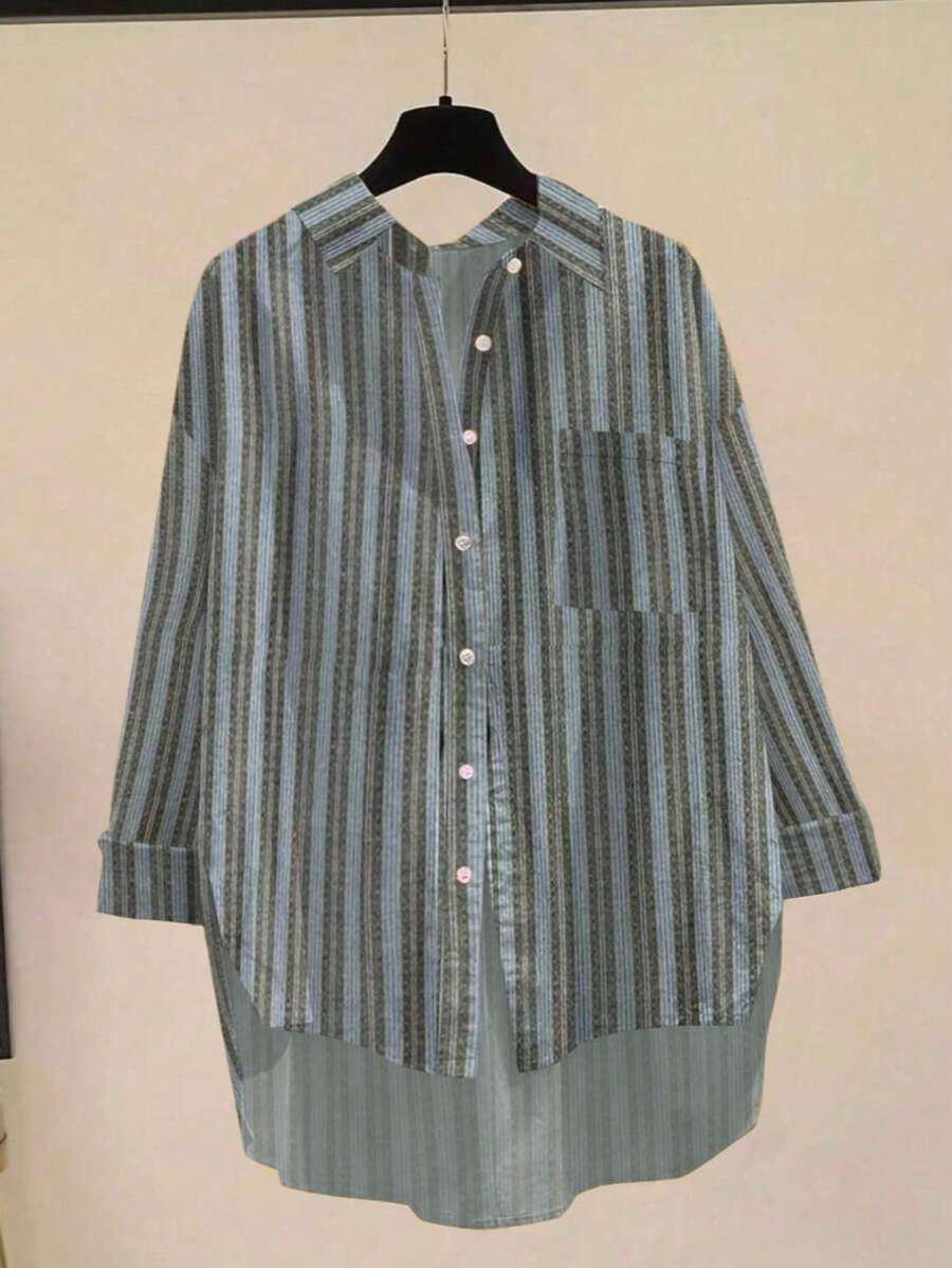 Women's Casual Retro Striped Front Button Down Collar Long Sleeve Loose Blouse, Fashionable - Blue - View 1