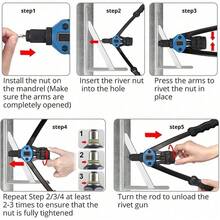 Hand Rivet Nut Tool, 13" Long Handles Hand Riveter Rivnut Tool Kit With 7 Pcs Metric Mandrels And 110 Pcs Rivet Nuts From M3 To M12 - Blue - View 4