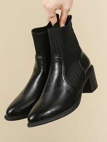 Botas Curtas de Malha e PU Recortadas Femininas, Botas Tipo Meia Estilo Fada, Bico Fino Salto Grosso Slip-On, Botas Tornozelo e Botinhas, Outono, Preto, Outono/Inverno