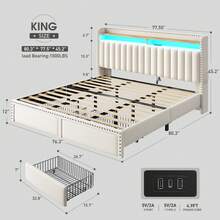 Full/Queen/King Size Bed Frame With 2 Storage Drawers Upholstered Platform Bed Frame With LED Lights, Charging Station And Headboard, Beige - 米色 - 查看 10