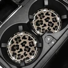2pcs Leopard Print Rhinestone Decorated Car Cup Holders, Car Interior Decor - one-size - View 7