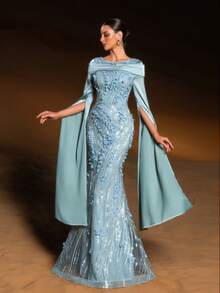 Elisanya 优雅美人鱼晚礼服，饰有3D立体花卉贴花、亮片和串珠，修身剪裁，从腰部延伸至膝盖，蓬松的薄纱裙摆，适合婚礼、正式晚宴、晚间活动和情人节派对等场合。 - 青碧色 - 查看 10