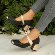 Women's High Heels, French Retro Pearl Buckle High Heels, Embroidered Fabric Upper, Comfortable Lining Fabric, Thick Heel Square Toe Jacquard Women's Shoes, Elegant Temperament Women's Shoes, Suitable For Leisure Travel, Holiday Parties - 黑色 - 查看 3