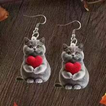 1 Pair Cute 2D Acrylic Blue Cat & Heart Shaped Cartoon Earrings, Suitable As Gift