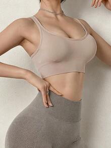 Sujetador deportivo para mujer con push up sexy, diseño de espalda cruzada, parte superior de yoga, sujetador inalámbrico, resistente al sudor y cómodo, lencería para gimnasio - Albaricoque - Ver 5