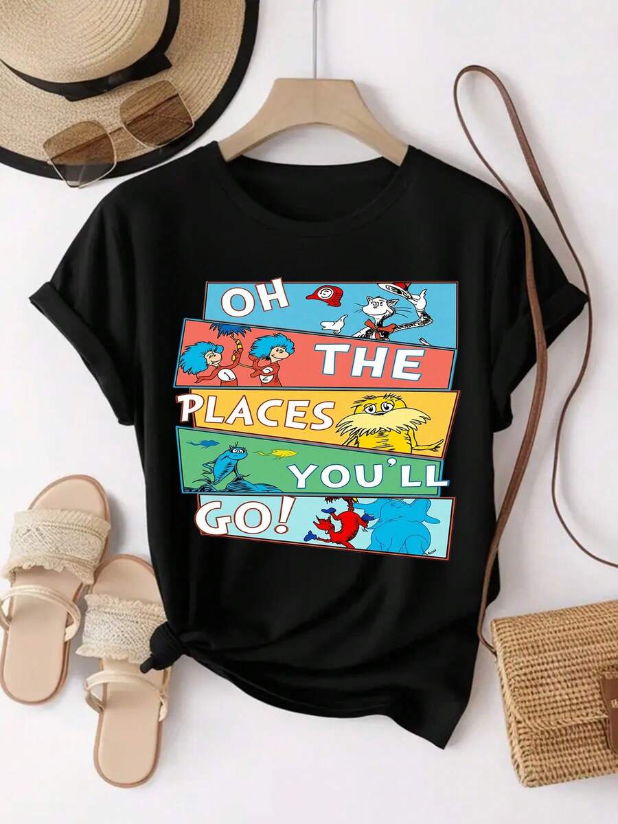 Camiseta "Oh The Places You'll Go" Mujer, Inspiración Literaria y Colorida, Algodón 100% Suave 180g, Ideal para Fans de y Uso Diario,blusas curvy mujer,blusas para mujer,blusas elegantes dama,disfraz navidad mujer. - Negro - Ver 1