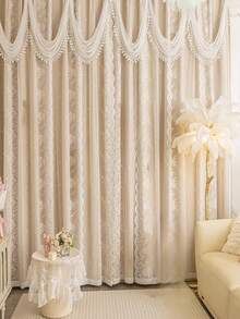 1pc European Style Double Layer Curtain, Top Layer With Embroidered Lace Decor And Attached Wave Valance, Bottom Layer Blackout Polyester Fabric, Solid Color, Suitable For Living Room And Bedroom Decor