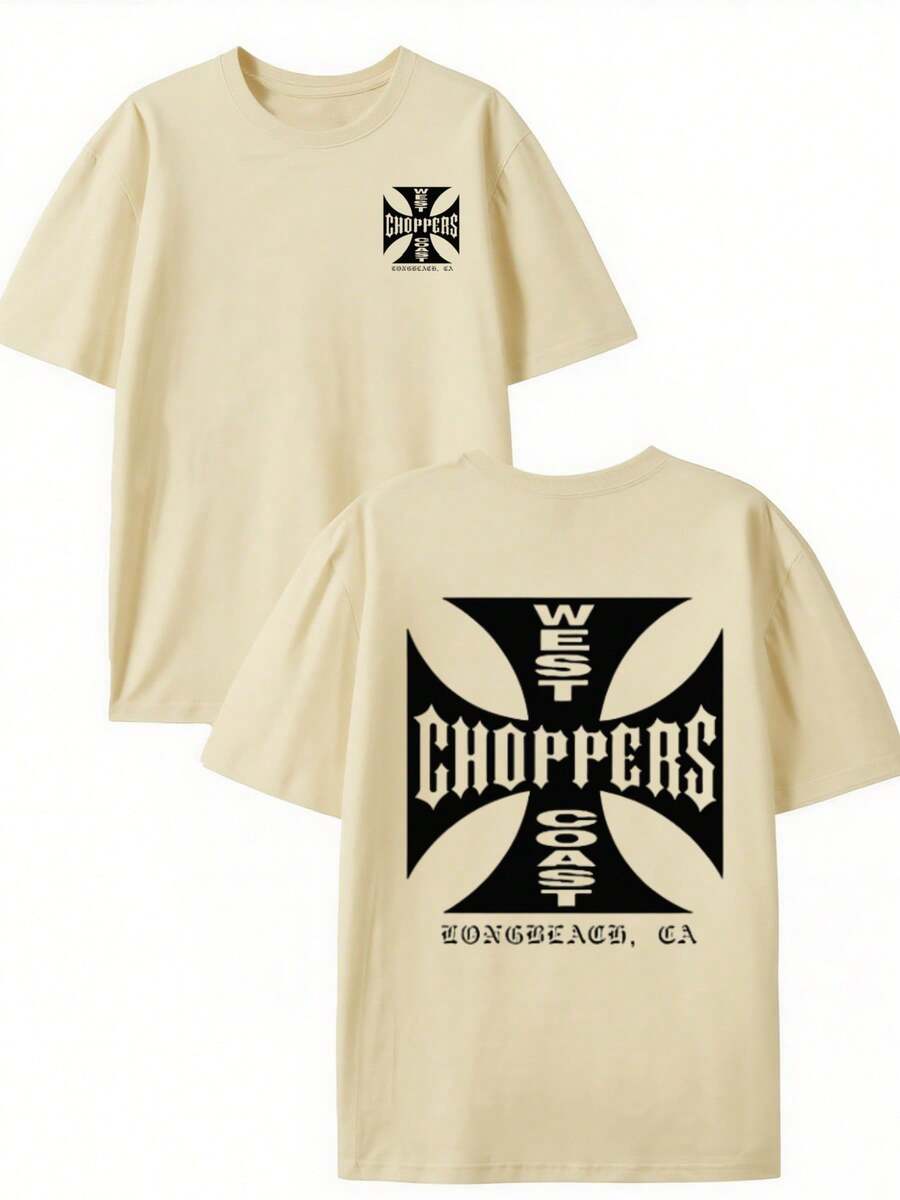 West Coast Choppers Tee  , Men's Double-Sided Printed Fashionable Casual Crew Neck 220gsm Pure Cotton T-Shirt(1 PC) - 杏色 - 查看 1
