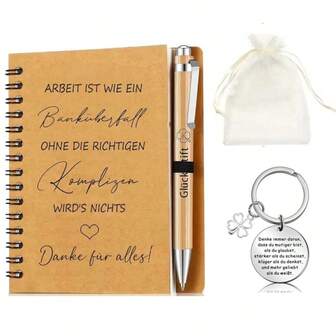 德国趣味钥匙扣派对礼品，适合送给同事、老师和员工的礼物，激励员工的礼物 - 螺旋笔记本、竹笔、激光雕刻四叶草钥匙扣、欧根纱包、告别礼物（工作就像抢银行）、万圣节、圣诞节礼物