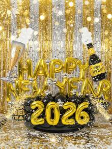 65pcs/Set HAPPY NEW YEAR 2026 Gold New Year Party Decorations, 16" Gold Letter Foil Balloon Banner, Giant Champagne Bottle & Glass Balloons, 18" Black & Gold Star/Round Celebration Balloons, 10" Black Latex Balloons, 5" Silver Star Balloons, For Christmas, New Year's Eve, New Year Celebration Decor, Room Decoration, Singles Party - 彩色 - 查看 7