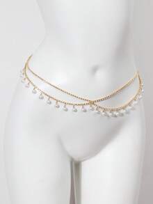 1pc French Style Faux Pearl Decor Tassel Pendant Waist Chain, Luxurious Elegant For Women - Double-layer-gold - View 5